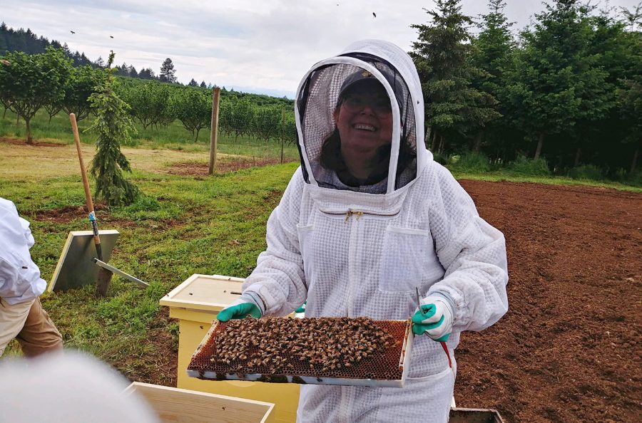 Katy Fackler holds bees at Blanchet Farm, May 2020.
