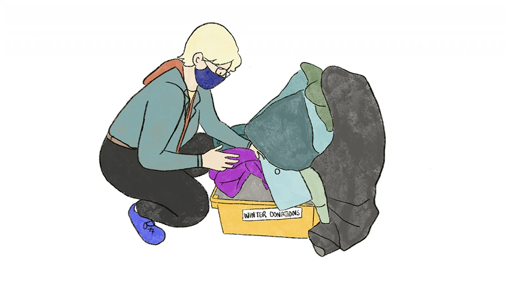 A drawing of a woman sorting used clothing to donate