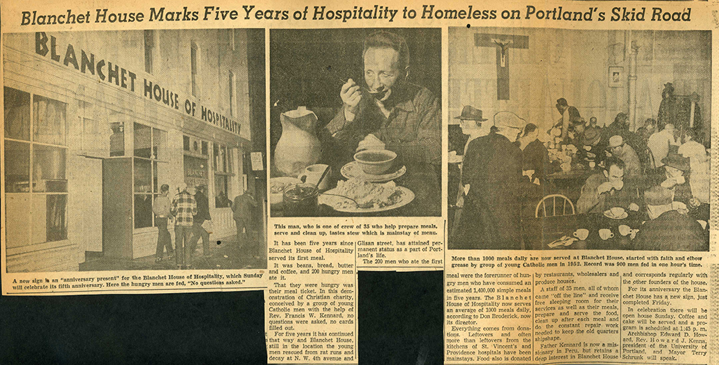 Article in Oregonian about Blanchet House's 5th Anniversary in 1957.