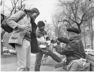Father Francis Kennard Serves coffee to striking workers in Portland's park blocks. (Year unknown)