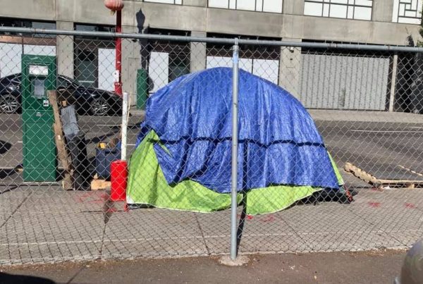 homeless tent on sidewalk in Portland