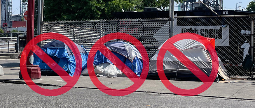 Tents in Old Town Portland Camping Ban strike thru