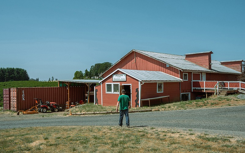 Blanchet Farm Ross walking in front of red bard by Kaveer Rai 2023