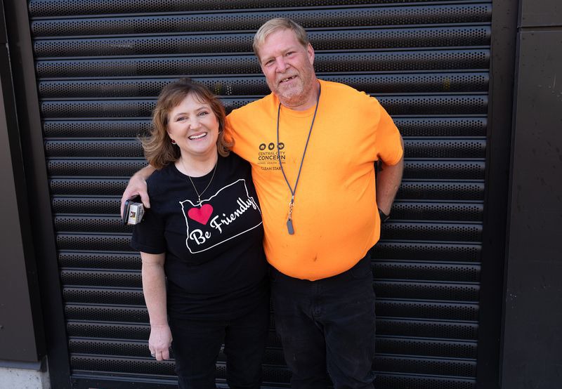 Program manager Jennifer Coon with David, a resident of Blanchet House.